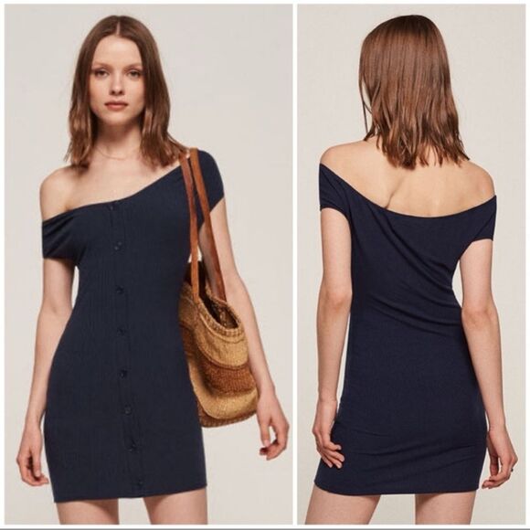 Reformation Malbec Off The Shoulder Ribbed Dress Navy Blue Size Medium - Picture 1 of 11